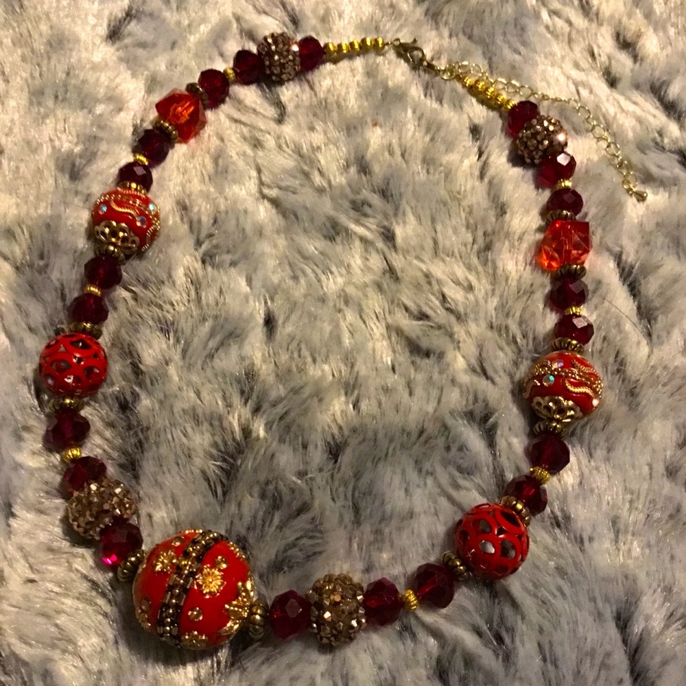 Mixed Red Faceted Glass, Metal, & Pottery Necklace